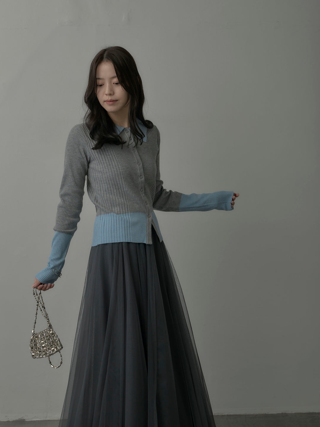 【SET】バイカラーリブニットポロトップス+ボリュームチュールスカート(2set)