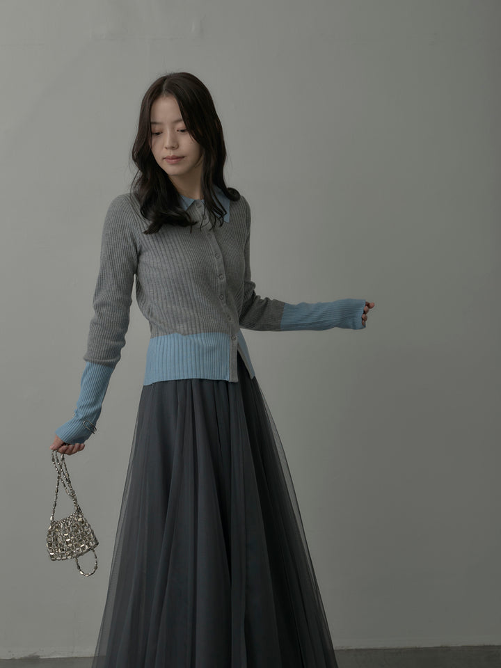 【SET】バイカラーリブニットポロトップス+ボリュームチュールスカート(2set)