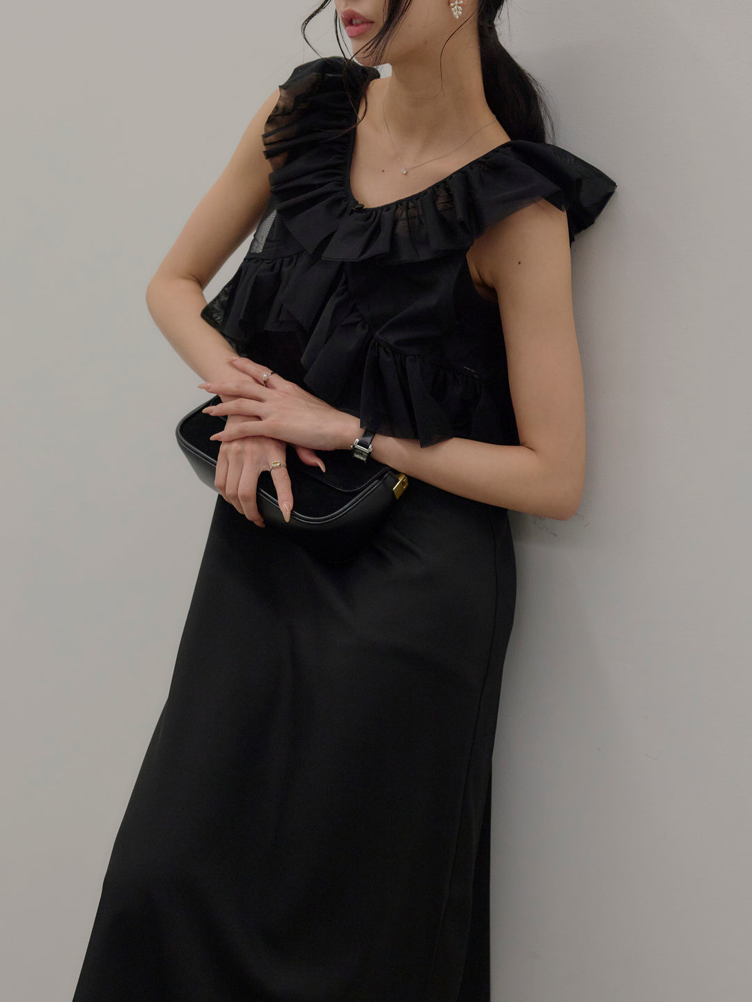 チュールフリルベスト付きツイルキャミワンピース