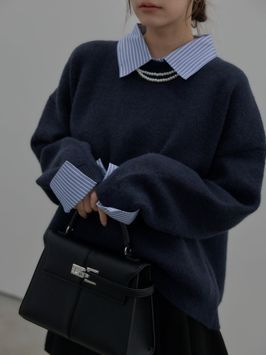 【SET】シャツドッキング肉厚ニットプルオーバー+ベルト付きプリーツミニスカート(2set)