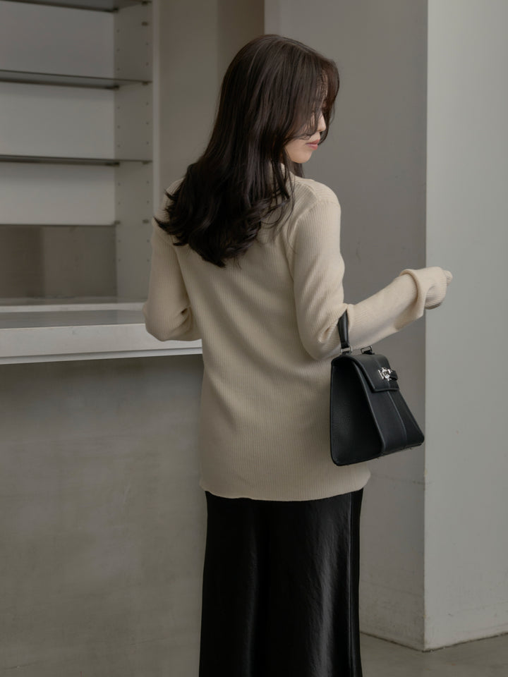 【SET】リブ配色ラインポロニットカーディガン+ナローAラインサテンスカート(2set)