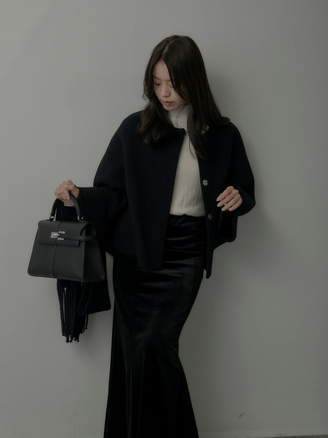 【SET】マフラー付き2WAYケープコート+リブニットタートルネック+ベロアマーメイドスカート(3set)