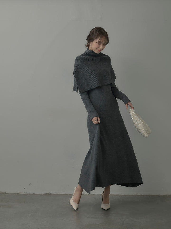 ケープ付きリブニットロングワンピース