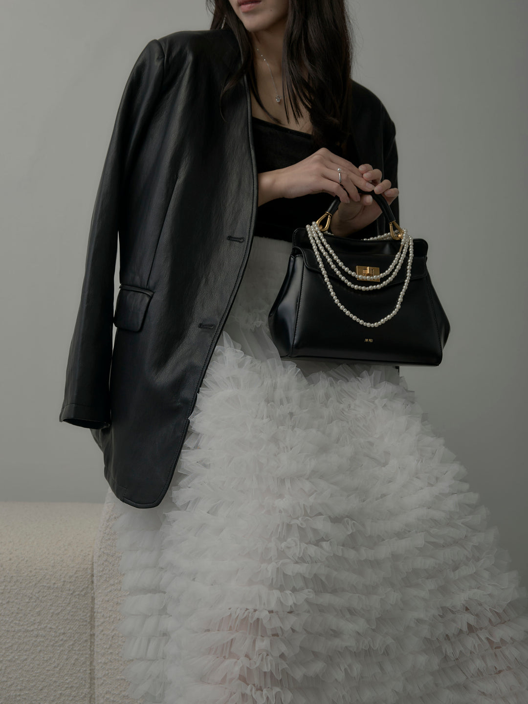 【SET】レザーノーカラージャケット+ドラマチックフリルチュールスカート(2set)