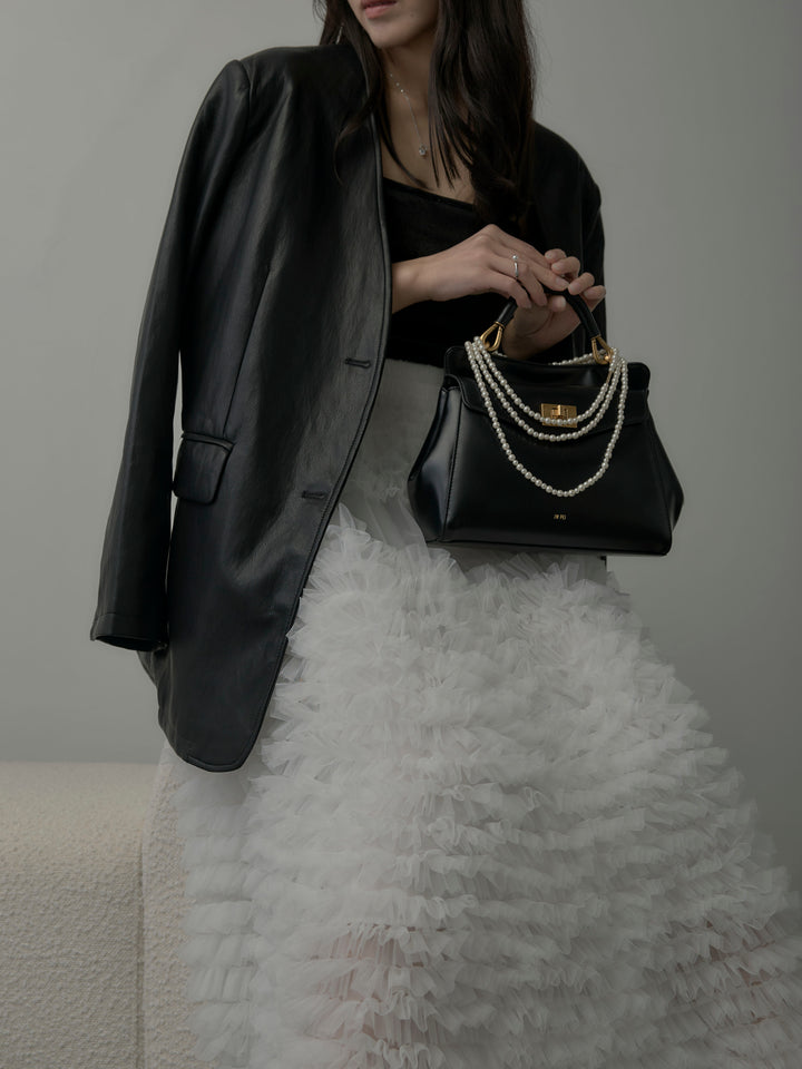 【SET】レザーノーカラージャケット+ドラマチックフリルチュールスカート(2set)