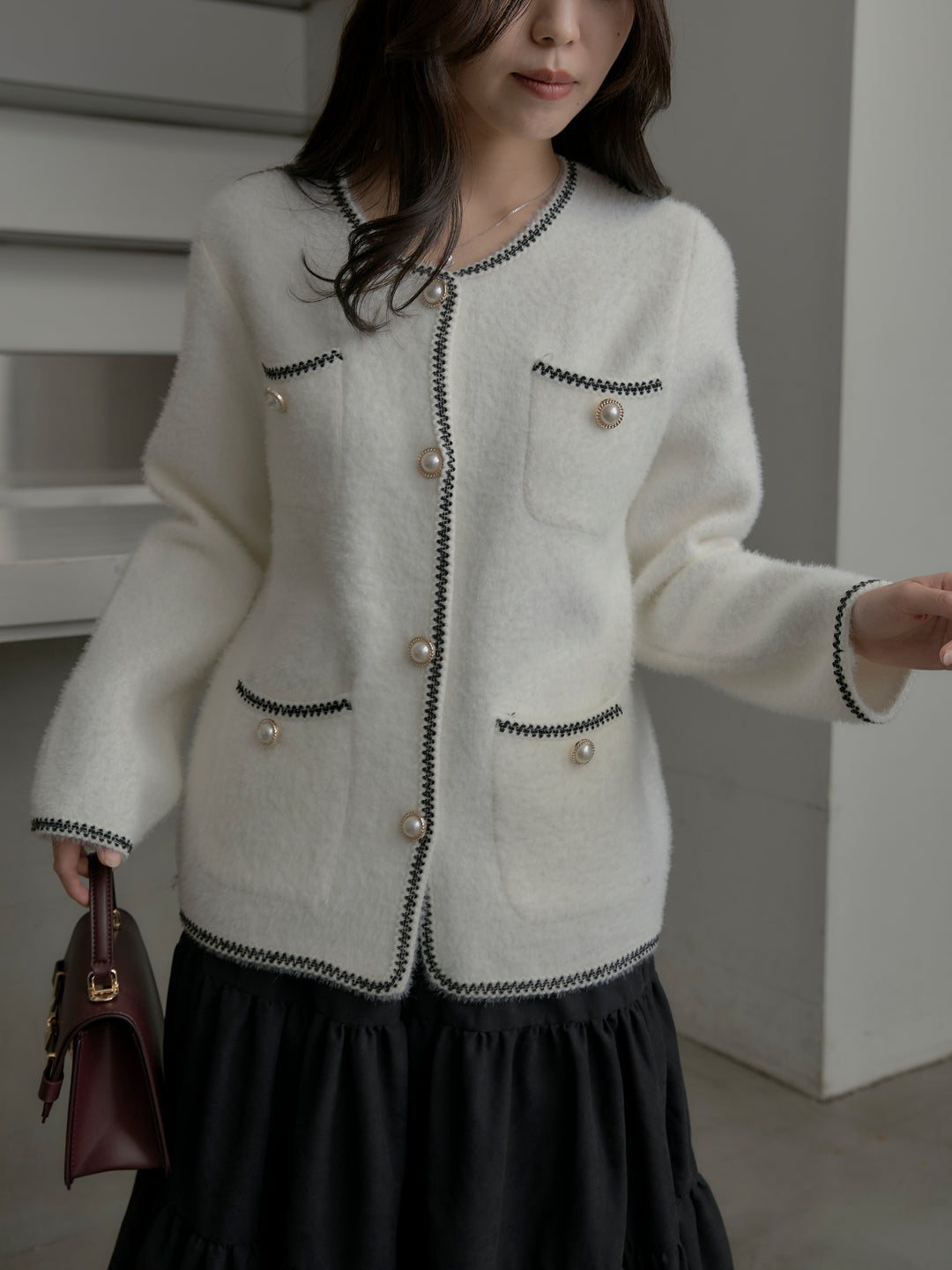 モヘアタッチパールボタンニットカーディガン