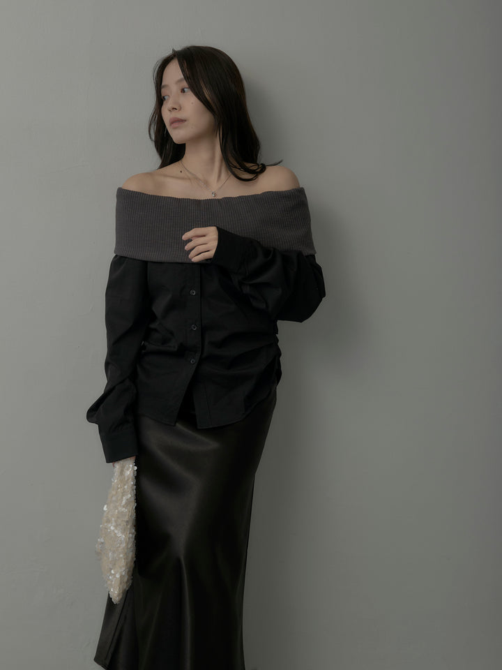 【SET】ニットシャツドッキングオフショルトップス+ヘビーサテンAラインスカート(2set)