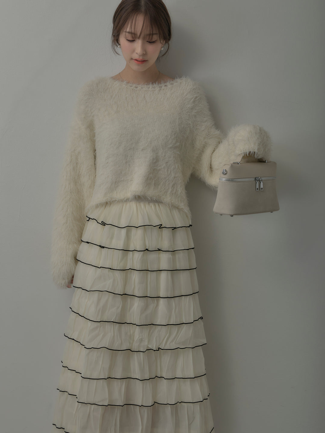 【SET】襟デザインシャギーニットトップス+バイカラーフリルチュールスカート(2set)