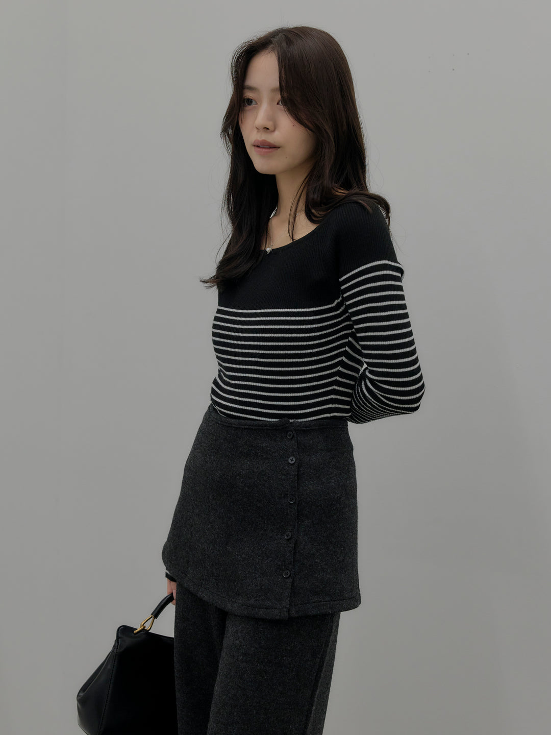 【SET】ハーフボーダーニットトップス+ミックスヤーンニットラップパンツ(2set)