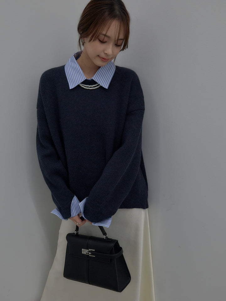 【SET】シャツドッキング肉厚ニットプルオーバー+ナローAラインサテンスカート(2set)