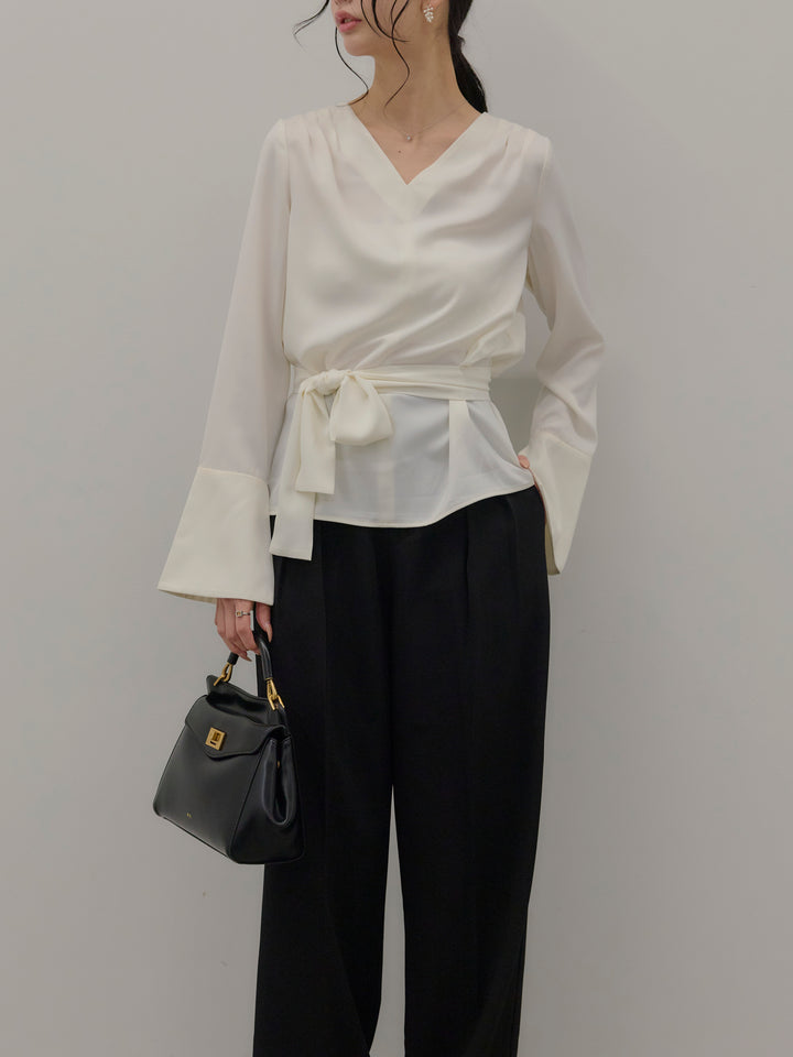 【Essential】2wayタイ付きベルスリーブサテンブラウス