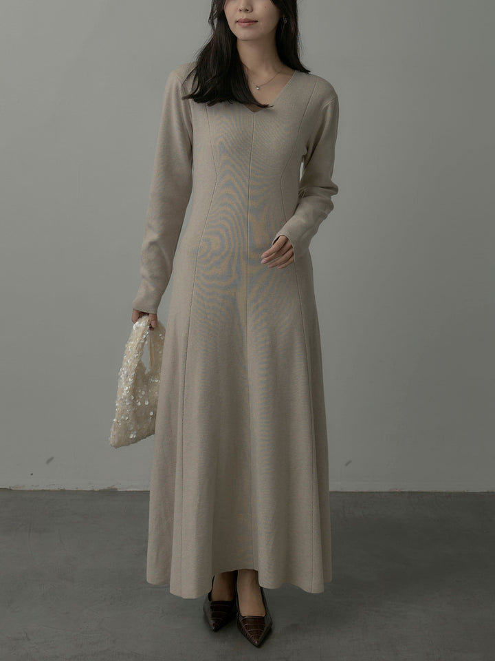 【SET】ショールカラーニットカーディガン+Vネックニットロングワンピース(2set)