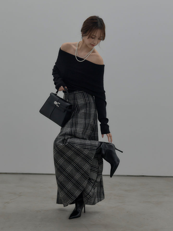【SET】【premium touch】ソフトリブオフショルニットトップス+【Essential】クラシカルチェックウールタッチスカート(2set)