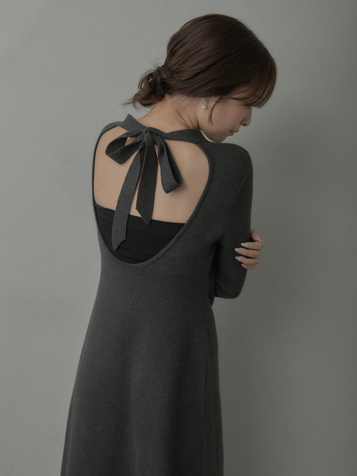 バックリボンニットロングワンピース