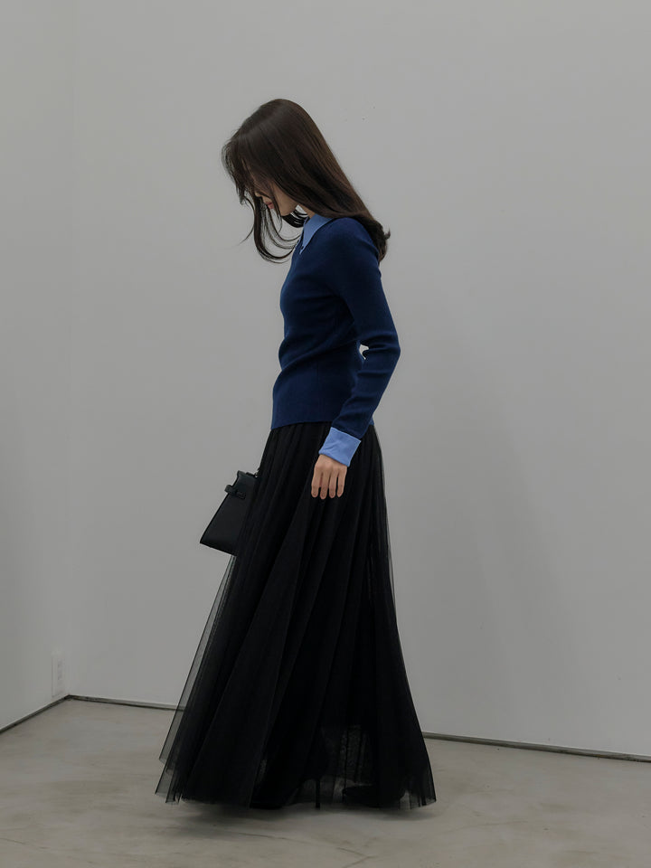 【SET】配色カフスニットポロ+ボリュームチュールスカート(2set)