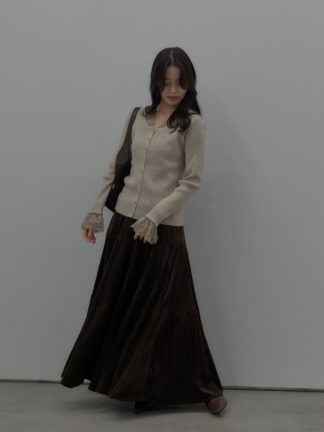 【SET】レースドッキングリブニットトップス+ベロアプリーツティアードスカート(2set)