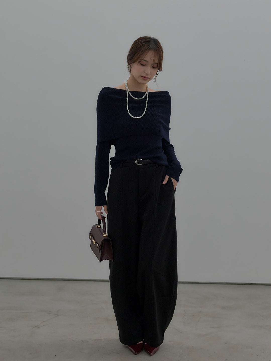 【SET】【premium touch】ソフトリブオフショルニットトップス+カーブデザインスウェットライクパンツ(2set)