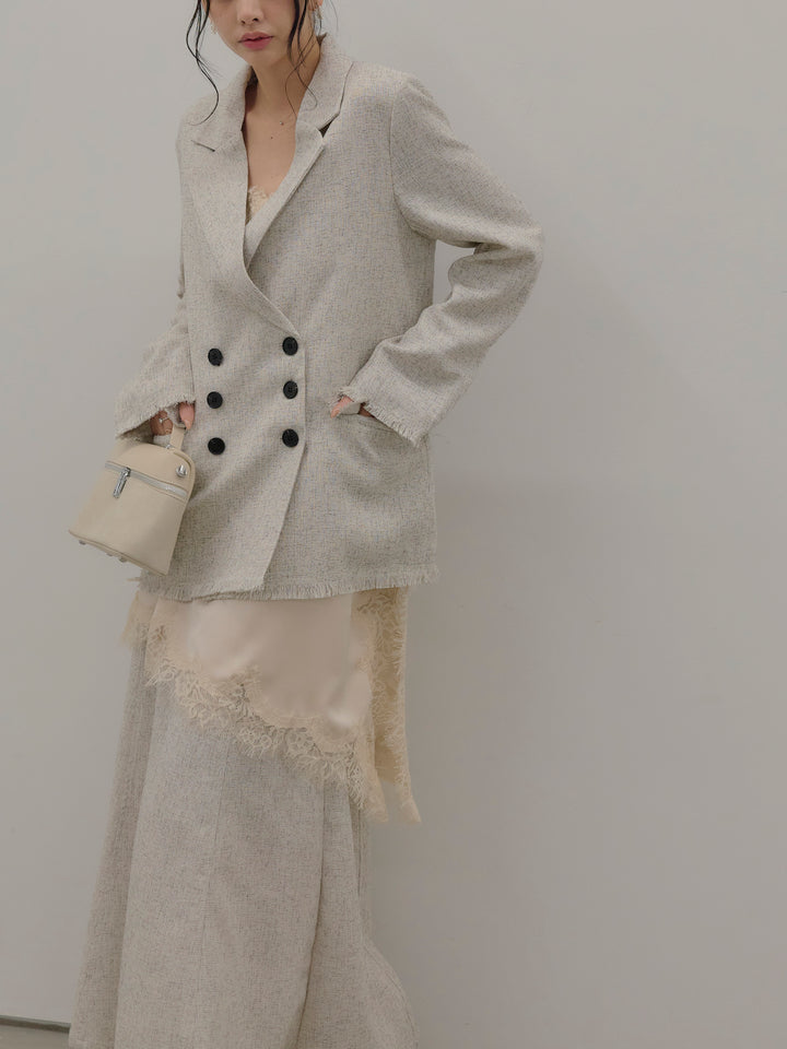 【SET】スラブネップツイードフリンジテーラードジャケット+アシンメトリーサテンレースキャミソール+スラブネップツイードマーメイドスカート(3set)