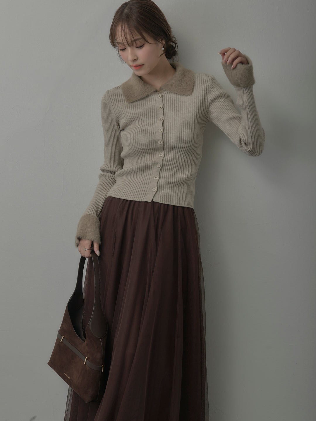 シャギー襟リブニットポロトップス