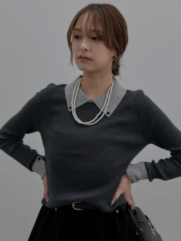 【SET】配色カフスニットポロ+ベロアバルーンミニスカート(インパン付き)(2set)