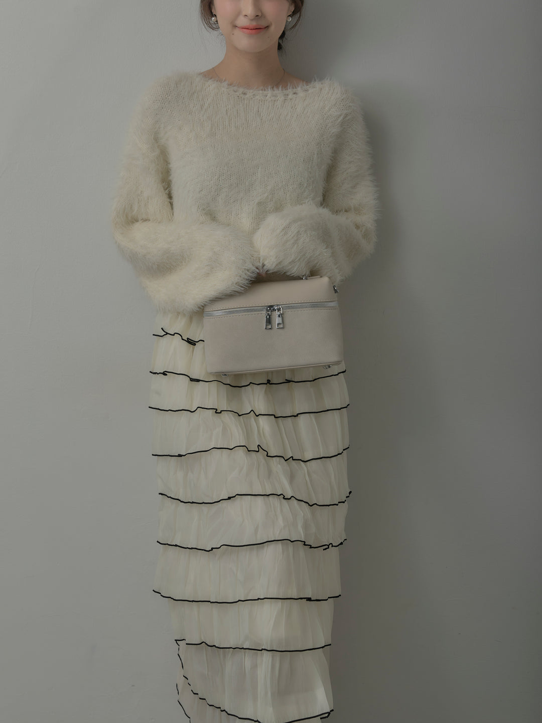 【SET】襟デザインシャギーニットトップス+バイカラーフリルチュールスカート(2set)