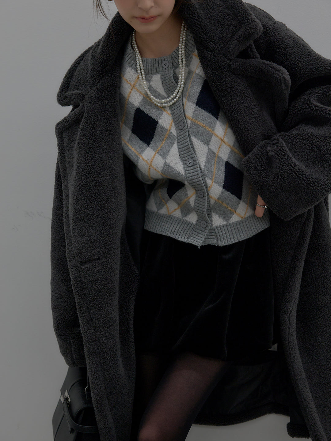 【SET】テディボアロングコート+ベロアバルーンミニスカート(インパン付き)(2set)