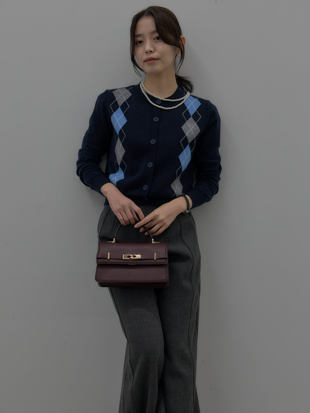 【SET】アーガイル柄ニットカーディガン+裏起毛デザインワイドパンツ(2set)