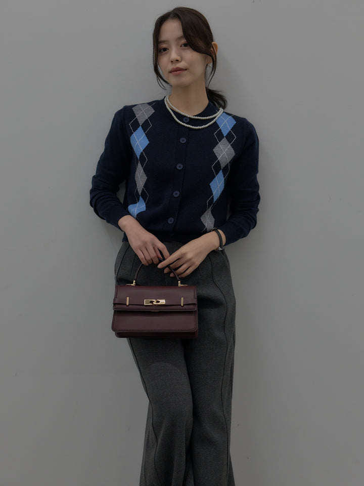 【SET】アーガイル柄ニットカーディガン+裏起毛デザインワイドパンツ(2set)