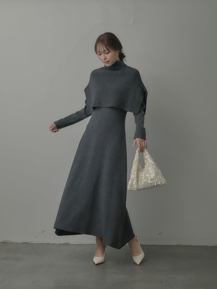 ケープ付きリブニットロングワンピース
