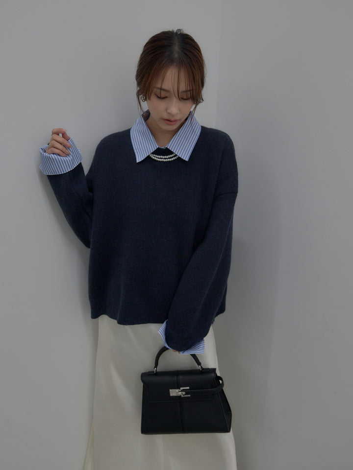 【SET】シャツドッキング肉厚ニットプルオーバー+ナローAラインサテンスカート(2set)