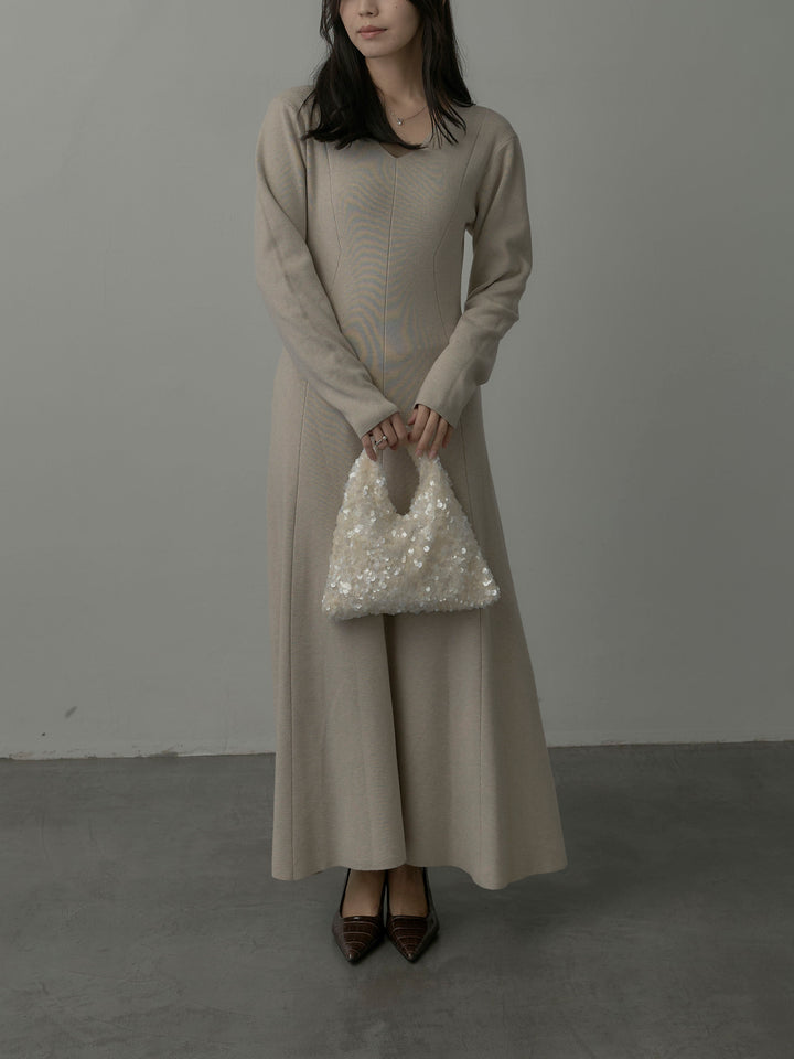 【SET】ショールカラーニットカーディガン+Vネックニットロングワンピース(2set)