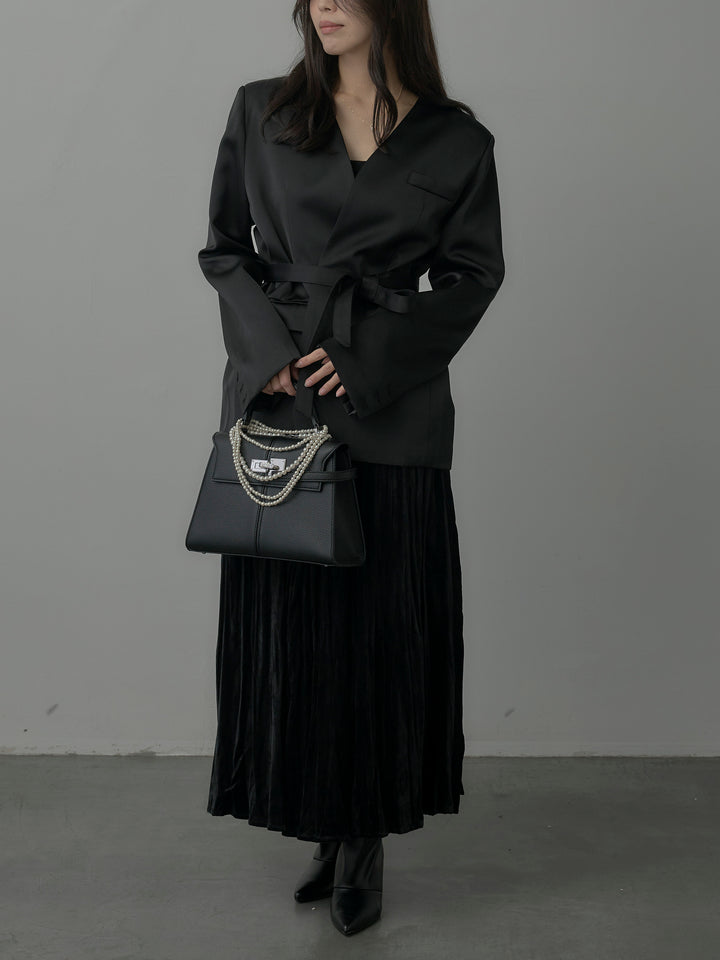 【SET】ノーカラーサテンジャケット+ベロアワッシャープリーツスカート(2set)