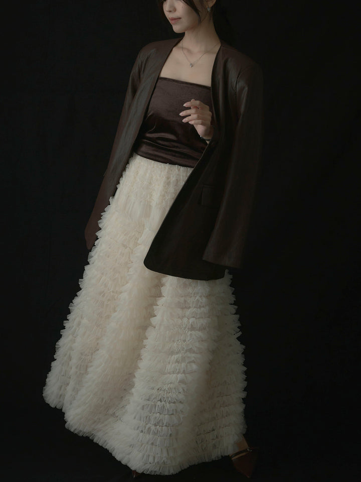 【SET】レザーノーカラージャケット+ドラマチックフリルチュールスカート(2set)