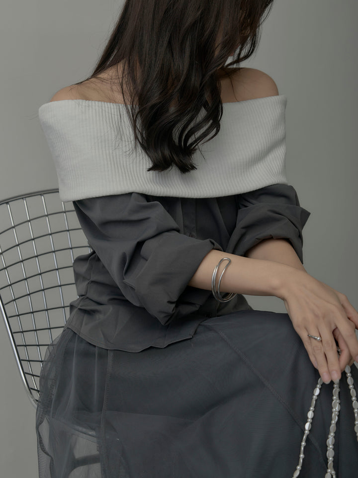 ニットシャツドッキングオフショルトップス