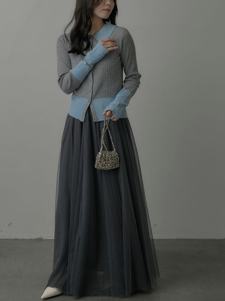 【SET】バイカラーリブニットポロトップス+ボリュームチュールスカート(2set)