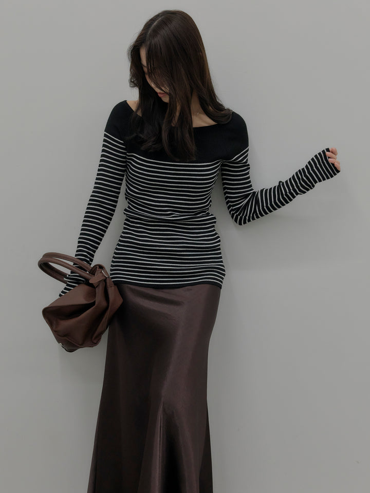 【SET】ハーフボーダーニットトップス+ナローAラインサテンスカート(2set)