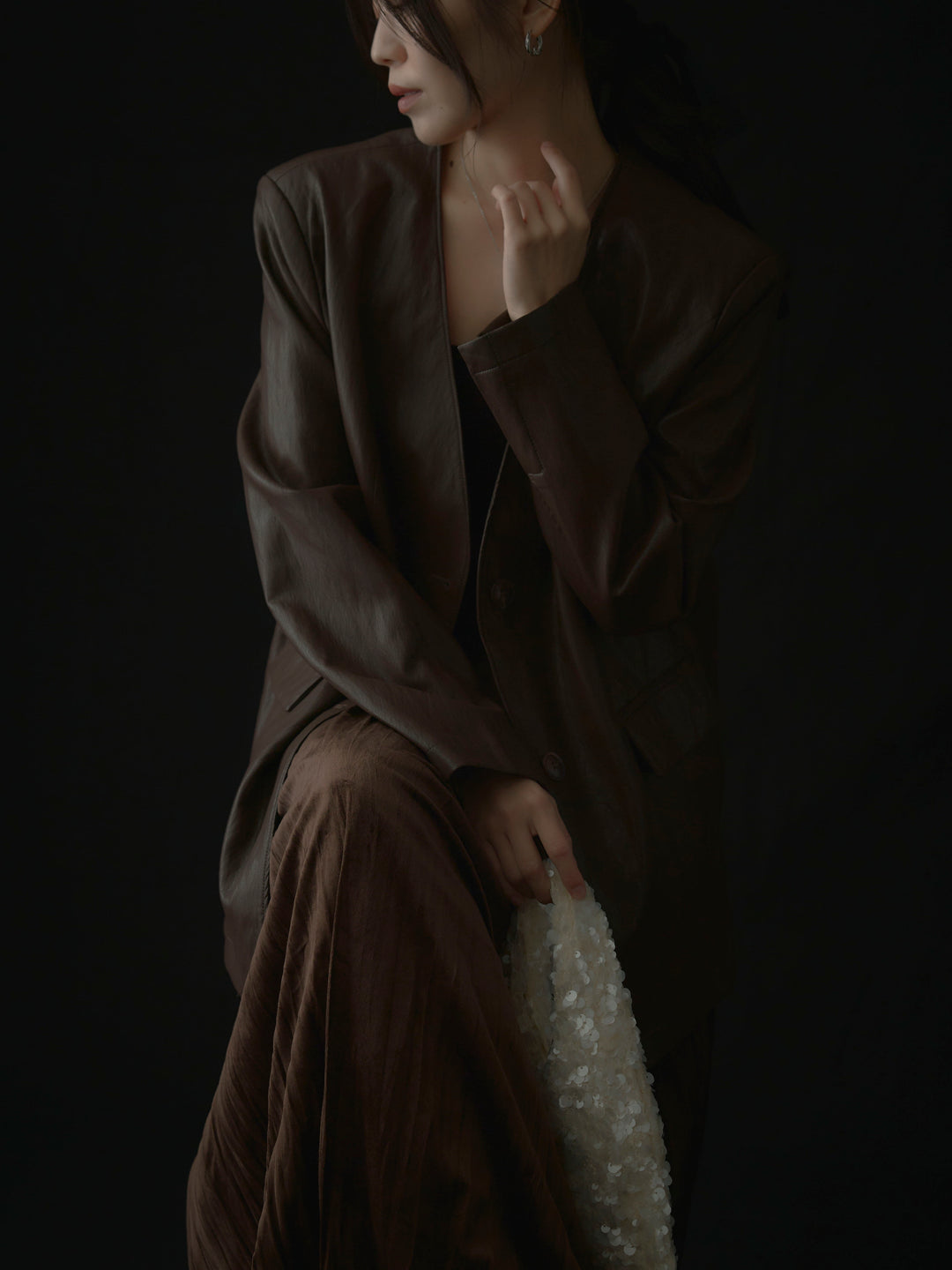 【SET】レザーノーカラージャケット+ベロアワッシャープリーツスカート(2set)