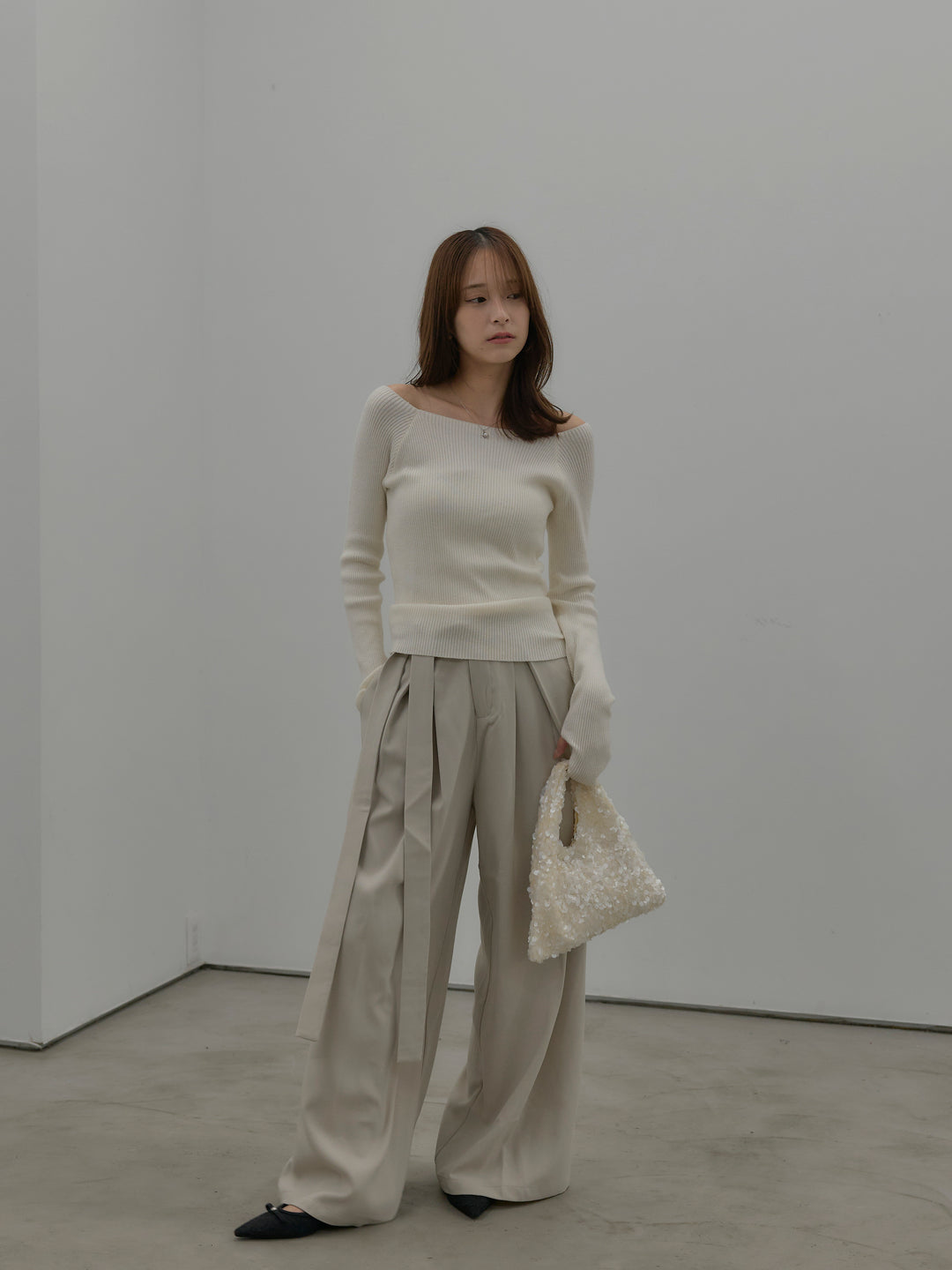 【SET】モヘアライクオーバーニットカーディガン+スクエアネックリブニット+ウエストリボンワイドパンツ(3set)