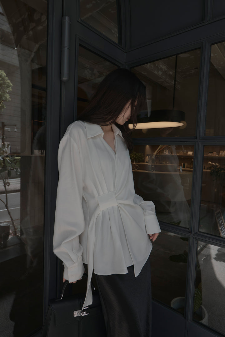 【SET】フロントラップデザインシャツ+ナローAラインサテンスカート(2set)