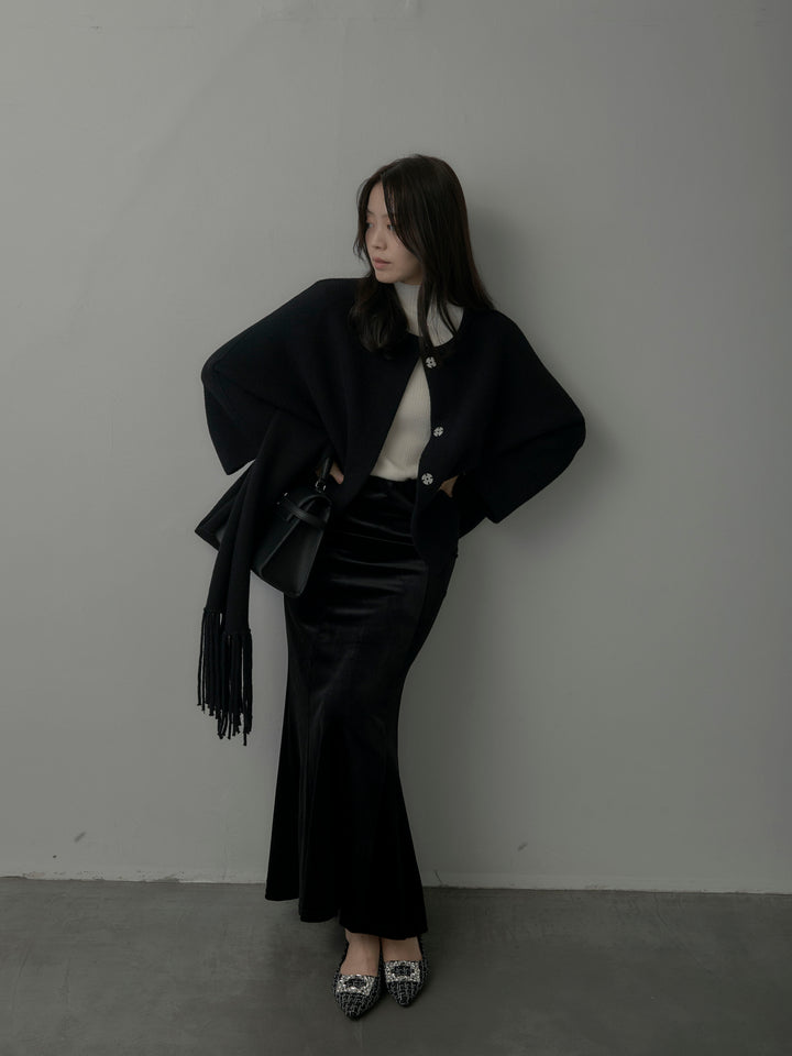 【SET】マフラー付き2WAYケープコート+リブニットタートルネック+ベロアマーメイドスカート(3set)