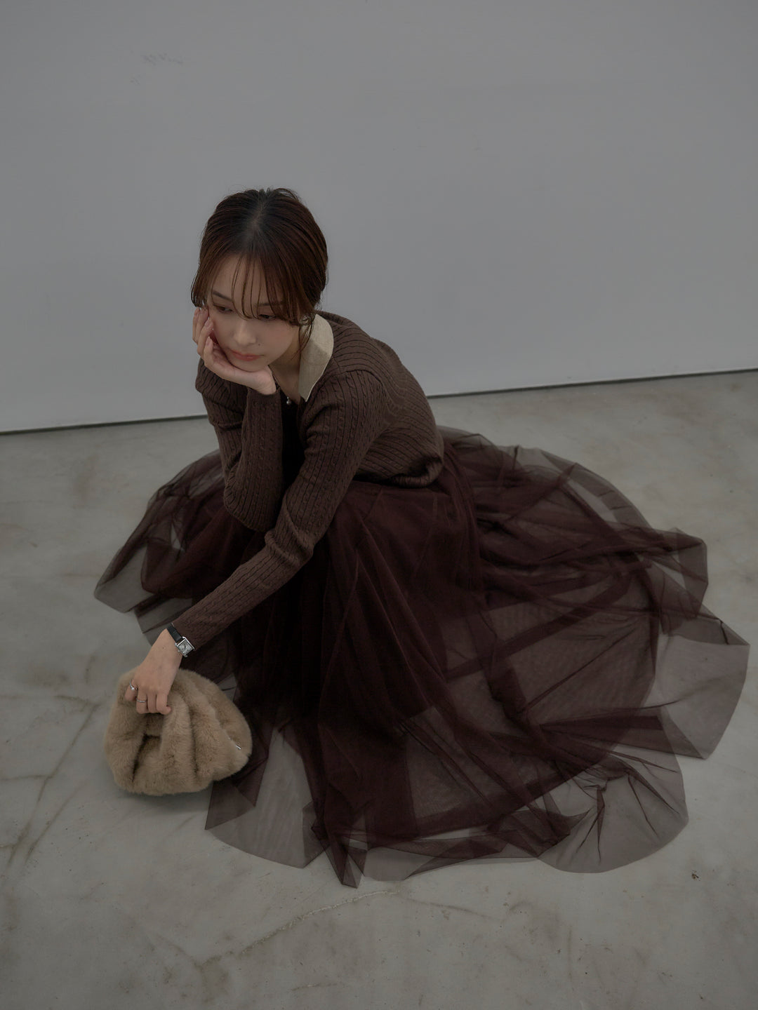 【SET】配色Vネックケーブルニットトップス+ボリュームチュールスカート(2set)