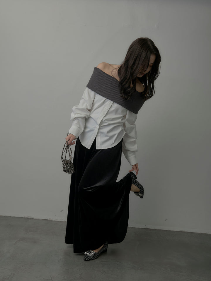 【SET】ニットシャツドッキングオフショルトップス+ベロアフレアロングスカート(2set)