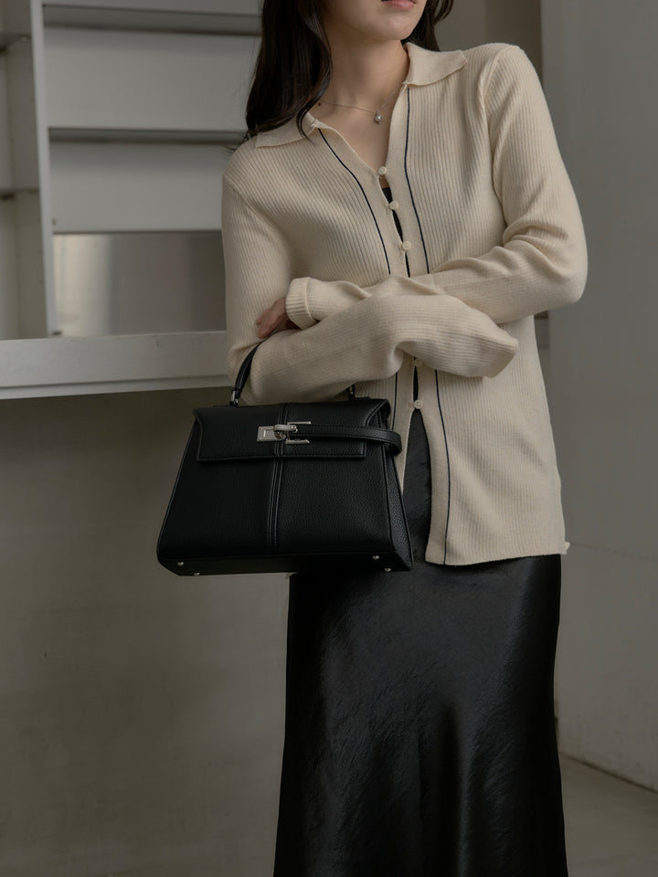 リブ配色ラインポロニットカーディガン