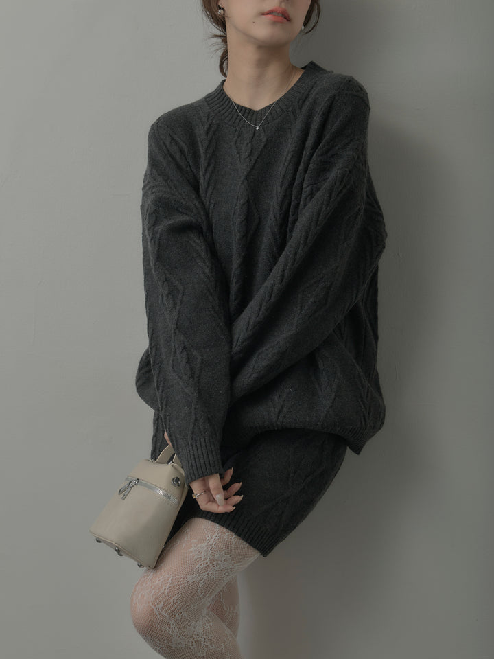 デザイン編みニットトップス&ミニスカート SET UP