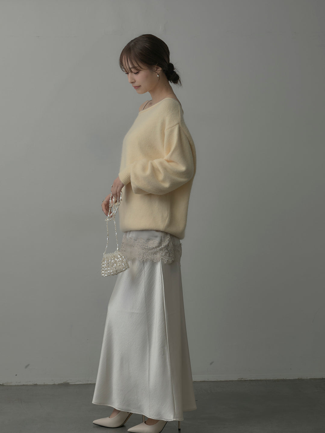 【SET】【premium touch】2wayショルダーニットプルオーバー+レースサテンキャミソール+ナローAラインサテンスカート(3set)