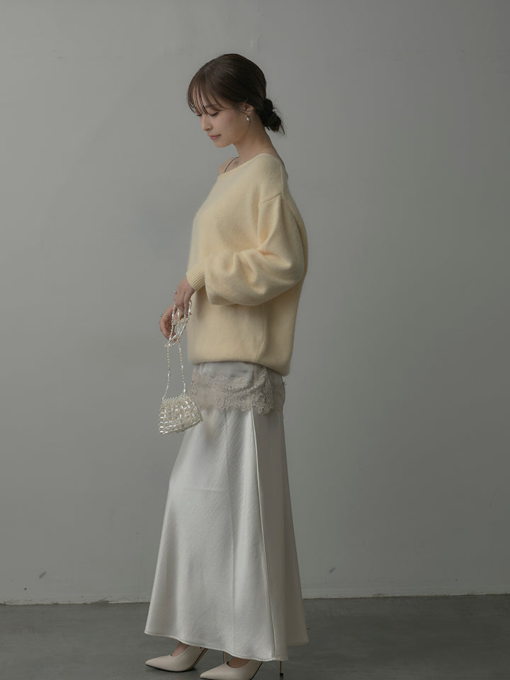 【SET】【premium touch】2wayショルダーニットプルオーバー+レースサテンキャミソール+ナローAラインサテンスカート(3set)