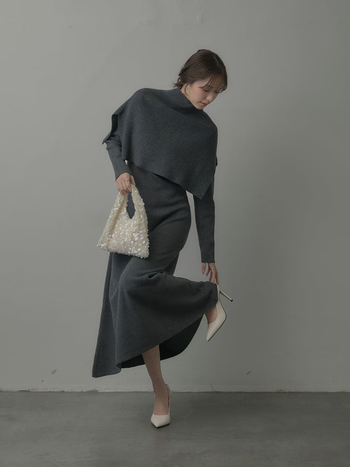 ケープ付きリブニットロングワンピース