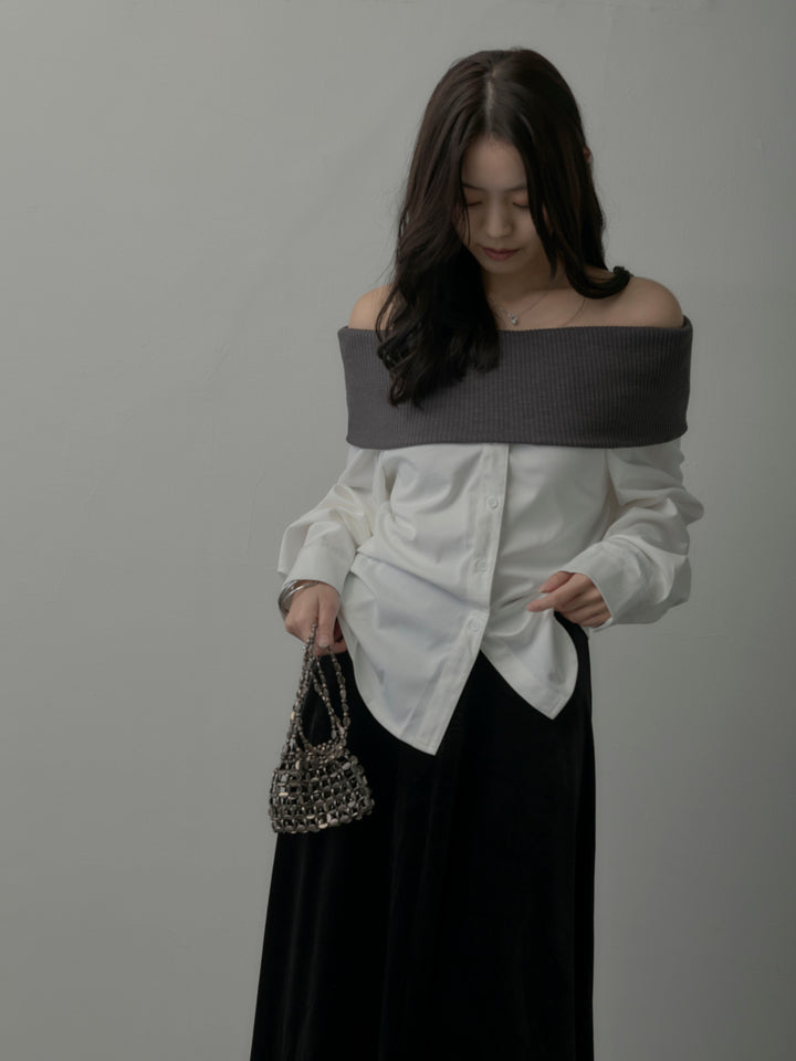 【SET】ニットシャツドッキングオフショルトップス+ベロアフレアロングスカート(2set)