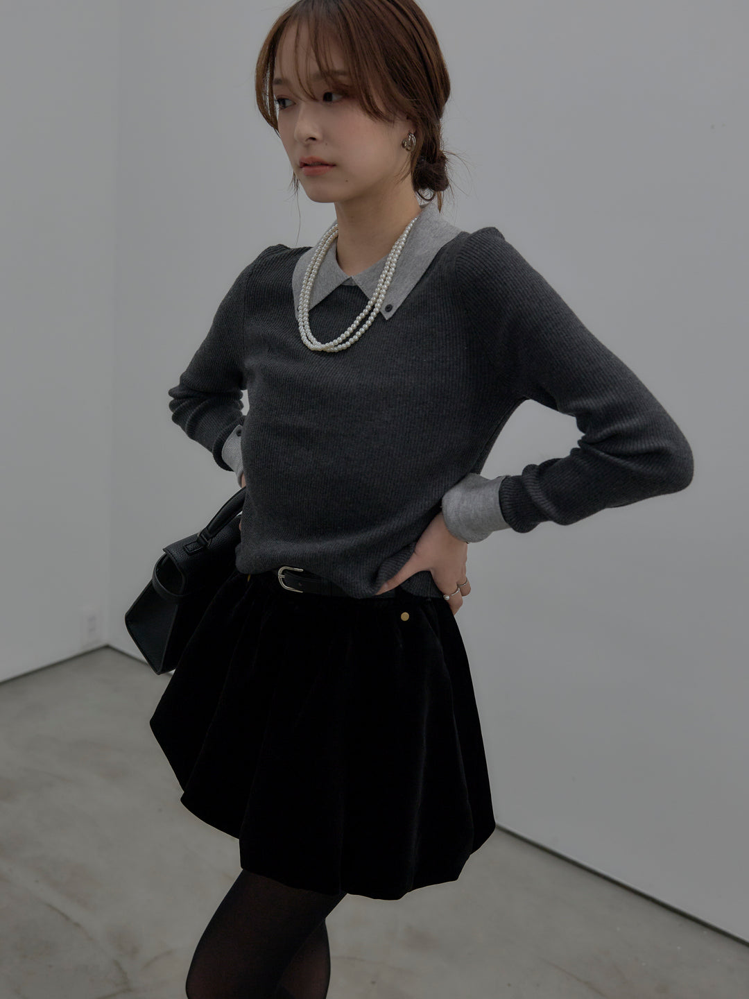 【SET】配色カフスニットポロ+ベロアバルーンミニスカート(インパン付き)(2set)