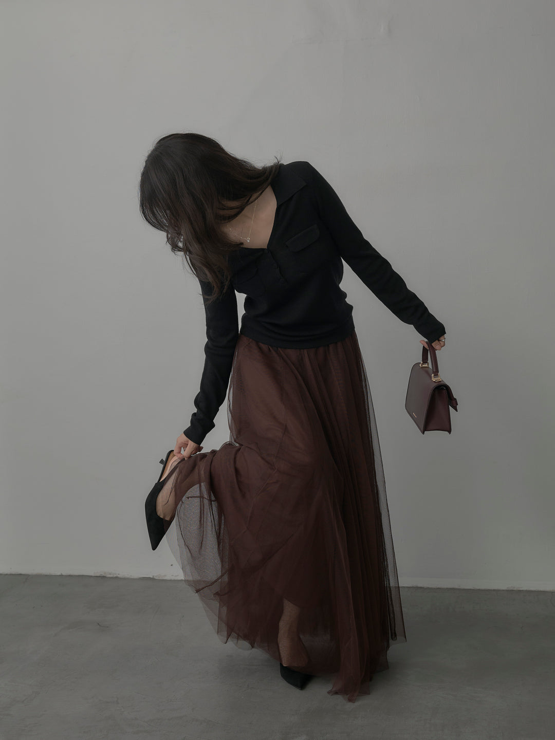 【SET】ポケットデザインリブニットトップス+ボリュームチュールスカート(2set)